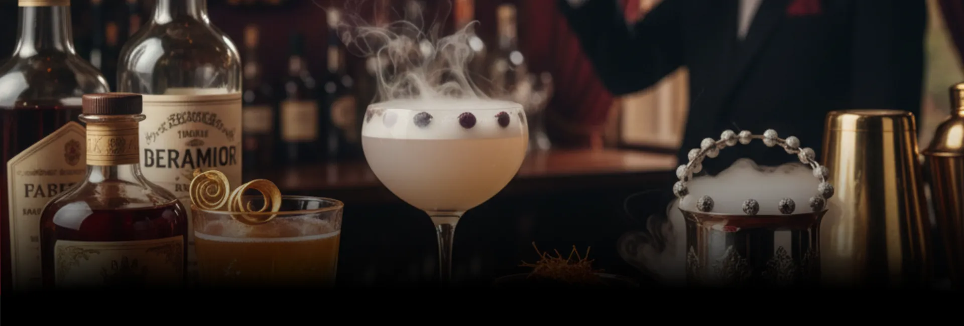 Craft cocktails and spirits on a dark bar