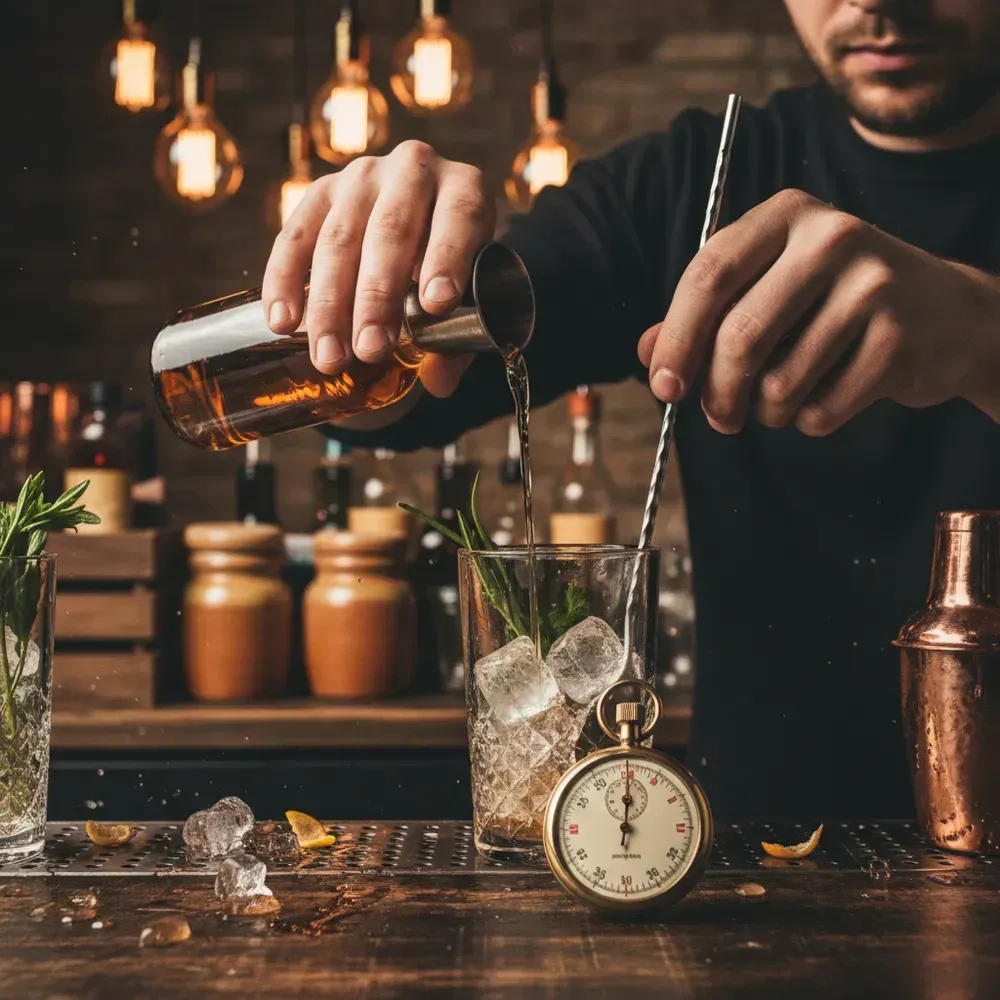 Bartender pouring an amber cocktail over ice beside a stopwatch