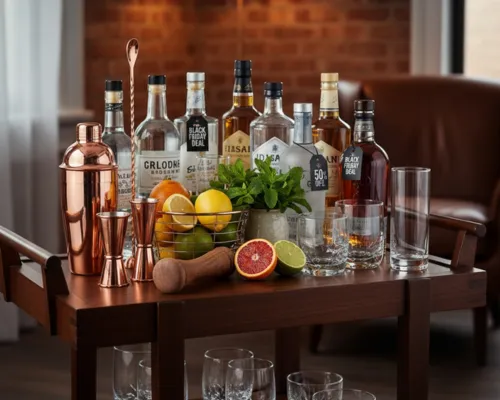 A curated home cocktail bar with spirits and citrus
