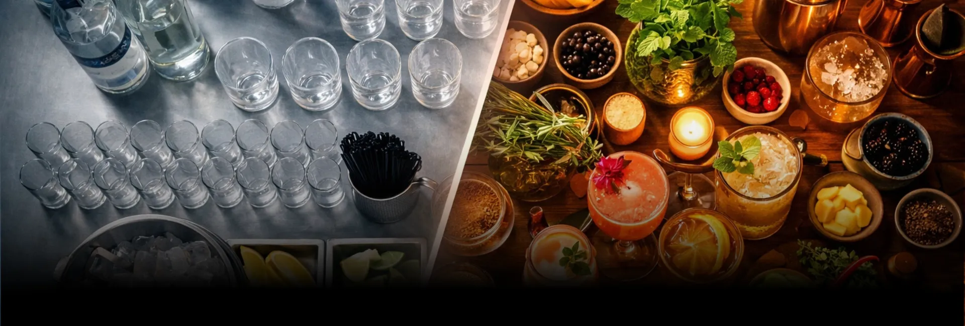 Cocktail ingredients and glassware ready for an event