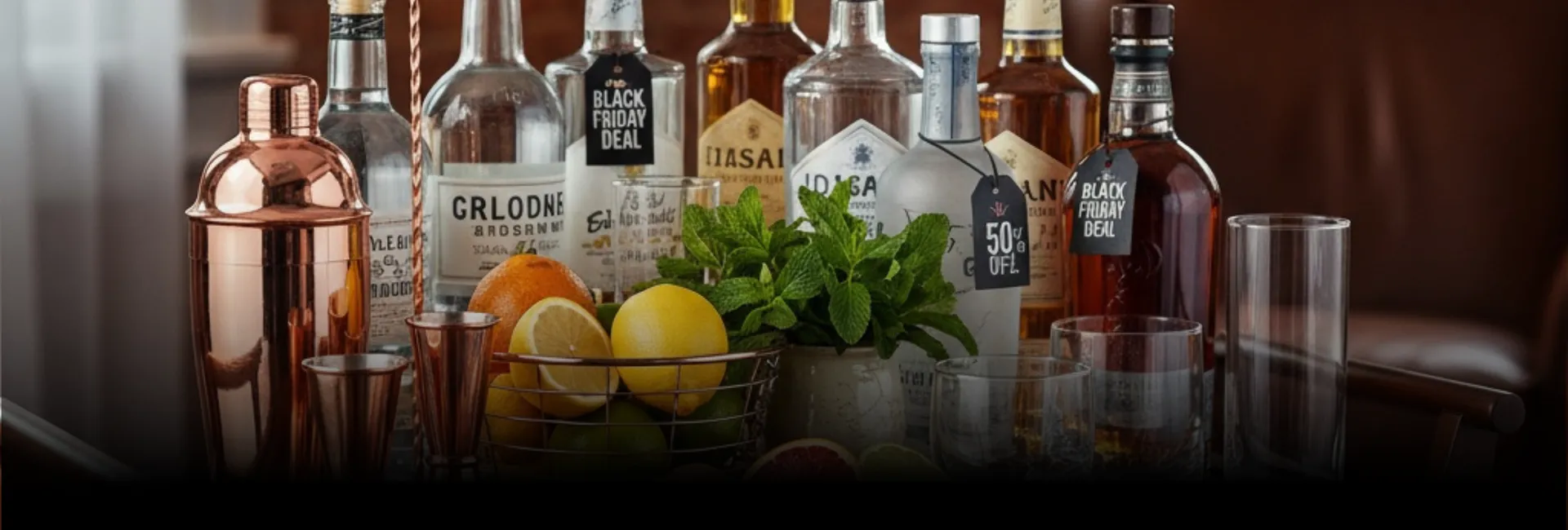 A fully stocked cocktail bar with fresh citrus and tools